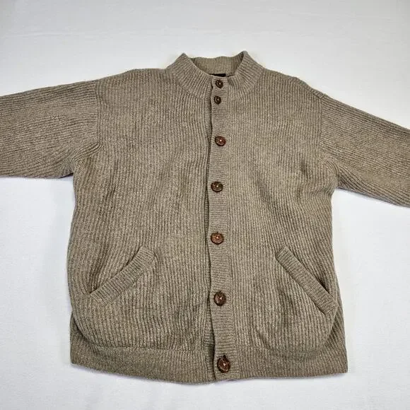 VTG Italian Wool Cardigan Sweater Mens XL ITL 54 Quiet Luxury Brown Leather Knit